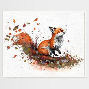 Fox with Butterfly Watercolor Oil Painting Art‎ 20x30 Wall Print